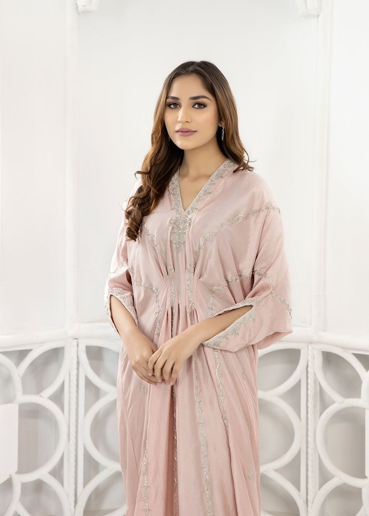 Nude Pink Rawsilk kaftan fully hand worked front & back with resham, zardozi, tilla & dabka. Pink Bollywood Kaftan With Dabka, Silk Kaftan With Mirror Work, Unstitched Raw Silk Straight Kurta Kaftan, Pink Dabka Kaftan For Eid, Eid Anarkali Style Raw Silk Kaftan, Silk Anarkali Kaftan With Long Sleeves, Silk Anarkali Long Sleeve Kaftan, Anarkali Silk Kaftan With Long Sleeves, Anarkali Style Kaftan Tunic With Mirror Work