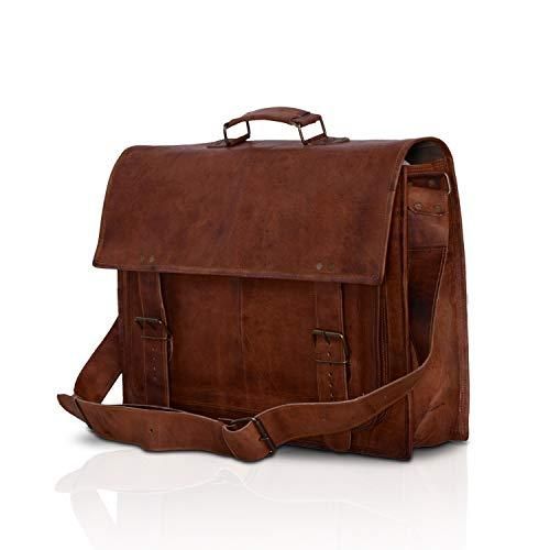 FULL GRAIN LEATHER: Our bags are made from full-grain leather and lined with durable canvas and are Handcrafted by skilled craftsmen CONVENIENCE: With Concealed locks under the Main strap this bag is easy and fast to open and lock . REMOVABLE AND ADJUSTABLE SHOULDER STRAP gives an option to carry as a shoulder bag or a briefcase. STORAGE: With Size 16" width x 12" height x 5" depth ( Fits laptop upto 15.6 inches), 1 big laptop compartment, 2 small sections and 1 big pocket in front for files/ pa Classic Satchel With Leather Handles As Gift, Brown Leather Satchel For Daily Use, Brown Leather Satchel For Travel, Rectangular Leather Travel Backpack, Classic Satchel With Leather Strap For Daily Use, Classic Brown Leather Backpack With Leather Strap, Brown Leather Office Bag, Rectangular Leather Briefcase For Travel, Rectangular Leather Backpack With Leather Lining