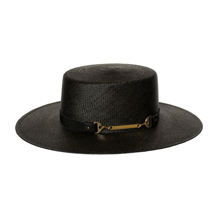 Black Panama straw bolero hat with leather and metal band. The Hayworth comes in a classic round Bijou Van Ness hat box.