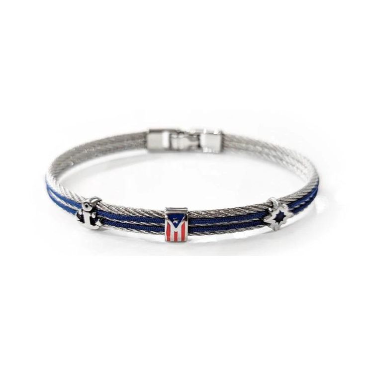 Puerto Rico Blue Cord Steel Bracelet - SHOPKURY.COM Modern Blue Jewelry With Stainless Steel Clasp, Luxury Blue Bracelet Strap Jewelry, Blue Bangle With Polished Finish, Luxury Blue Bracelet Jewelry, Luxury Blue Bangle Jewelry, Blue Jewelry With Stainless Steel Clasp For Gift, Luxury Blue Jewelry With Bracelet Strap, Formal Blue Bracelet With Polished Finish, Blue Bracelets With Stainless Steel Clasp As A Gift