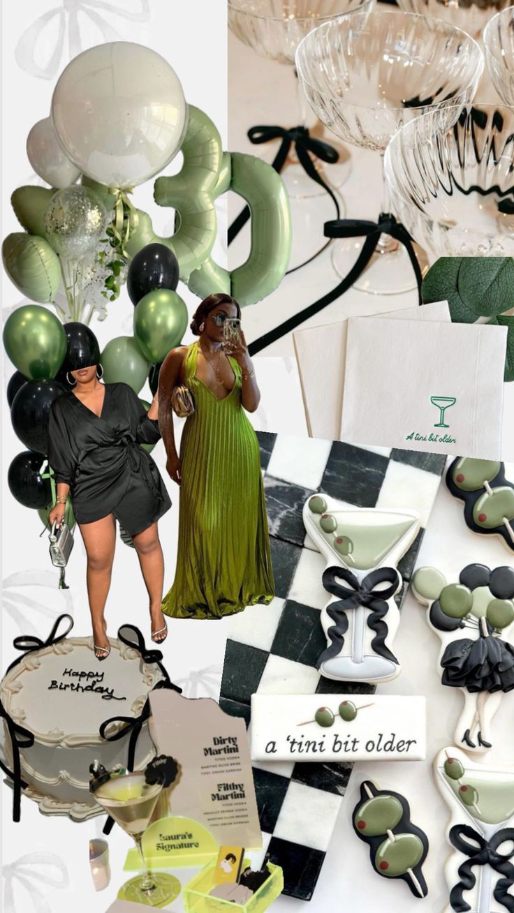 a collage of green and black items including balloons, plates, cups, and napkins