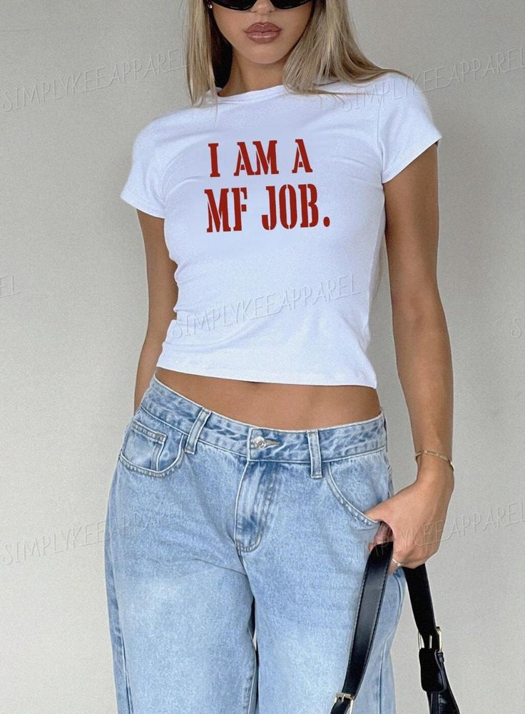 Y2K Baby Tee, Y2K Clothing, 90s Baby Tees, Y2K Crop Top, Y2K Clothes, I Am A MF Job, Soft Girl Aesthetic, I'm Just A Girl Era, Trending Now, Top Selling T Shirts, Popular Now, Baby Tee Y2K, 90s Crop Top, Early 2000s Clothing, Soft Girl Era, Too Pretty, For A Job, Best Selling Shirts, Girly Gifts Pink, Teenage Girl Gifts, Too Pretty To Work, Gift for her, Homebody, Soft Girl Clothes, Self Care, Teen Daughter Gifts, Luxury, Birthday Gift, Birthday Party, Valentine's Day Gift, Galentines Day Gift, Mother's Day Gift, Anniversary Gift, Best Friend Gift, Christmas Gift, Xmas Gift SHIRT ONLY!! WATCH, SHOES, JEANS, ETC. ARE JUST PROPS!  PLEASE NOTE: Colors may differ slightly from how it appears on your screen due to varying monitor settings! In the daylight, our glow in the dark heat transfer vin 90s Fitted T-shirt With Funny Text, White Stretch Y2k T-shirt, White Y2k Style Stretch T-shirt, Hip Hop Style Stretch Tops For Streetwear, Hip Hop Stretch Tops For Streetwear, Hip Hop Style Letter Print Stretch Tops, Hip Hop Letter Print Stretch Tops, White Hip Hop Slogan Top, Fitted Hip Hop Tops With Graphic Print