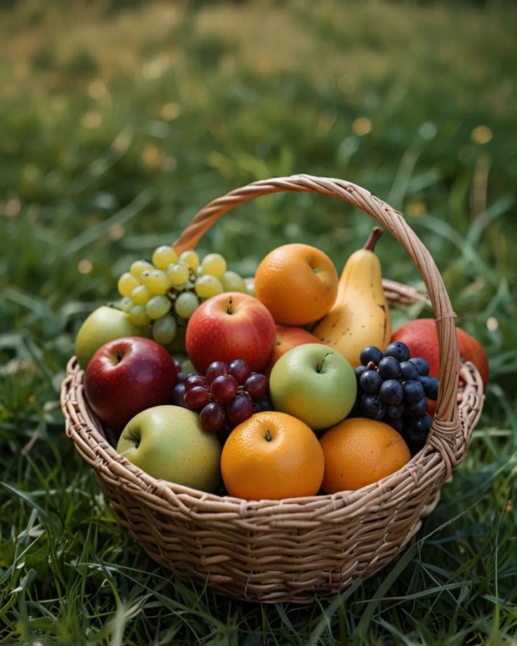 a basket filled with lots of fruit on top of a lush green field next to grass