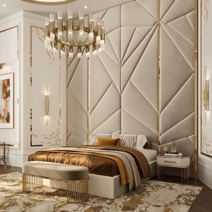 an elegant bedroom with gold accents and chandelier