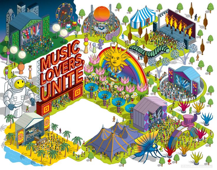 an illustrated map of the music lovers'park and amusement park, including tents, trees, carnival rides, and more