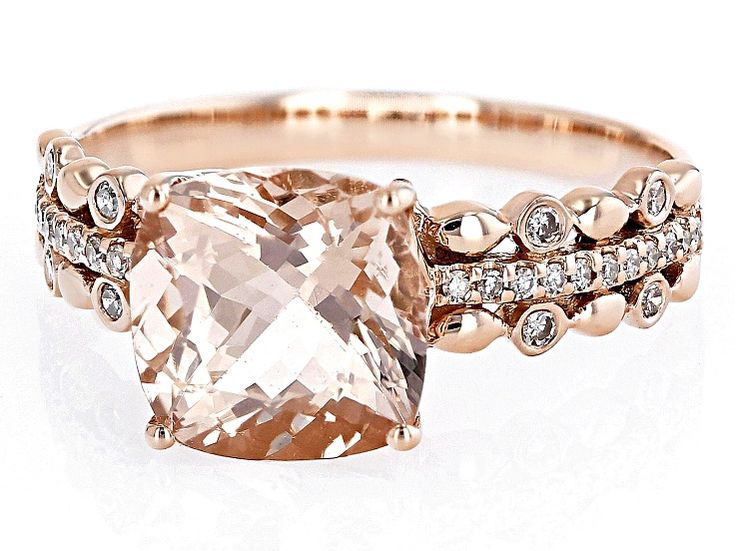 2.55ct Square Cushion Cor-De-Rosa Morganite (TM) and 0.12ctw Round White Diamond 10k Rose Gold Ring. Measures Approximately 0.84"L x 0.37"W. Morganite Wedding Rings, Rose Gold Morganite Ring, Peach Morganite, Elegant Engagement Rings, Morganite Engagement, Morganite Engagement Ring, Morganite Ring, Beauty Box, Morganite