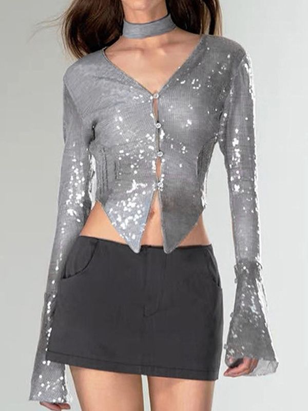 Gary Sequin V Neck Hanky Hem Long Sleeve Blouse Fitted V-neck Sequin Blouse, Fitted Sequined V-neck Blouse, Glamorous V-neck Winter Top, Trendy V-neck Sequin Top, Casual Fall Party Blouse, Fitted Tops For Winter Parties, Casual Blouse For Fall Party, Fitted Party Tops For Winter, Glamorous Long Sleeve Winter Top