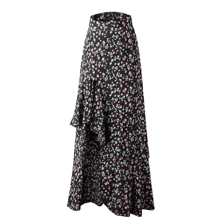 Black Elastic Waist High Low Ruffled Floral Skirt Black Floral Print Skirt For Summer, Summer Black Maxi Skirt With Floral Print, Black Flared Skirt For Summer, Black Floral Print Maxi Skirt For Spring, Black Tiered Skirt With Ruffles, Non-stretch Ruffled Skirt, Black Floral Print Party Skirt, Black Asymmetrical Skirt For Spring, Chic High-waist Ruffled Maxi Skirt