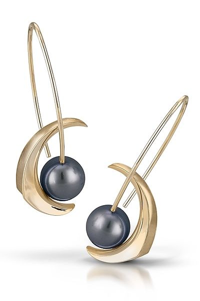 Luna Earrings by Britt Anderson (Gold & Pearl Earrings) Pierced Round Pearl Jewelry, Elegant White Gold Crescent Jewelry, Elegant Crescent White Gold Jewelry, Modern Gold Pearl Earrings In Sterling Silver, 14k Gold Silver Jewelry With Pearl Drop, Modern Yellow Gold Pearl Jewelry, Classic Tahitian Pearl Jewelry With Matching Earrings, Elegant Yellow Gold Tahitian Pearl Jewelry, Akoya Pearl Drop Earrings With Ear Wire