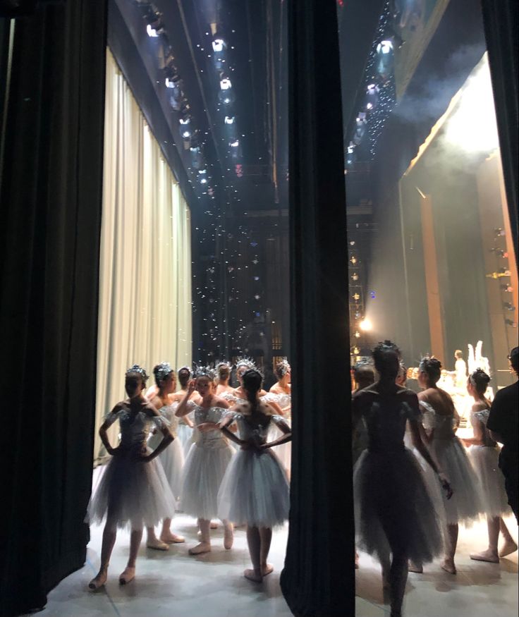 a group of ballerinas standing in front of a stage with lights and curtains