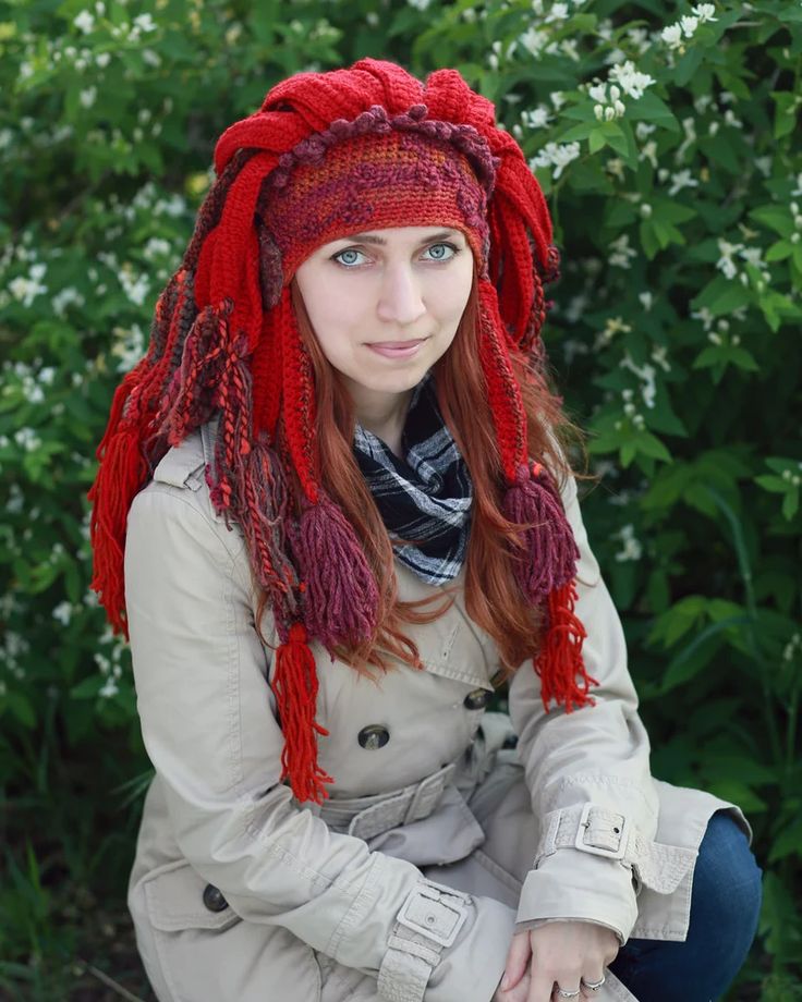 Winter Crochet Red Shaman Hat Festival Headdress With | Etsy Ukraine Bohemian Beanie Crochet Hat, Bohemian Hand Knitted Crochet Hat, Bohemian Crochet Hat In Yarn For Winter, Bohemian One-size Crochet Hat, Handmade Bohemian Costume Hats For Winter, Handmade Hippie Crochet Hat For Festivals, Handmade Bohemian Costume Hats For Festivals, Bohemian Beanie Hat In Yarn, Bohemian Beanie Hat Made Of Yarn