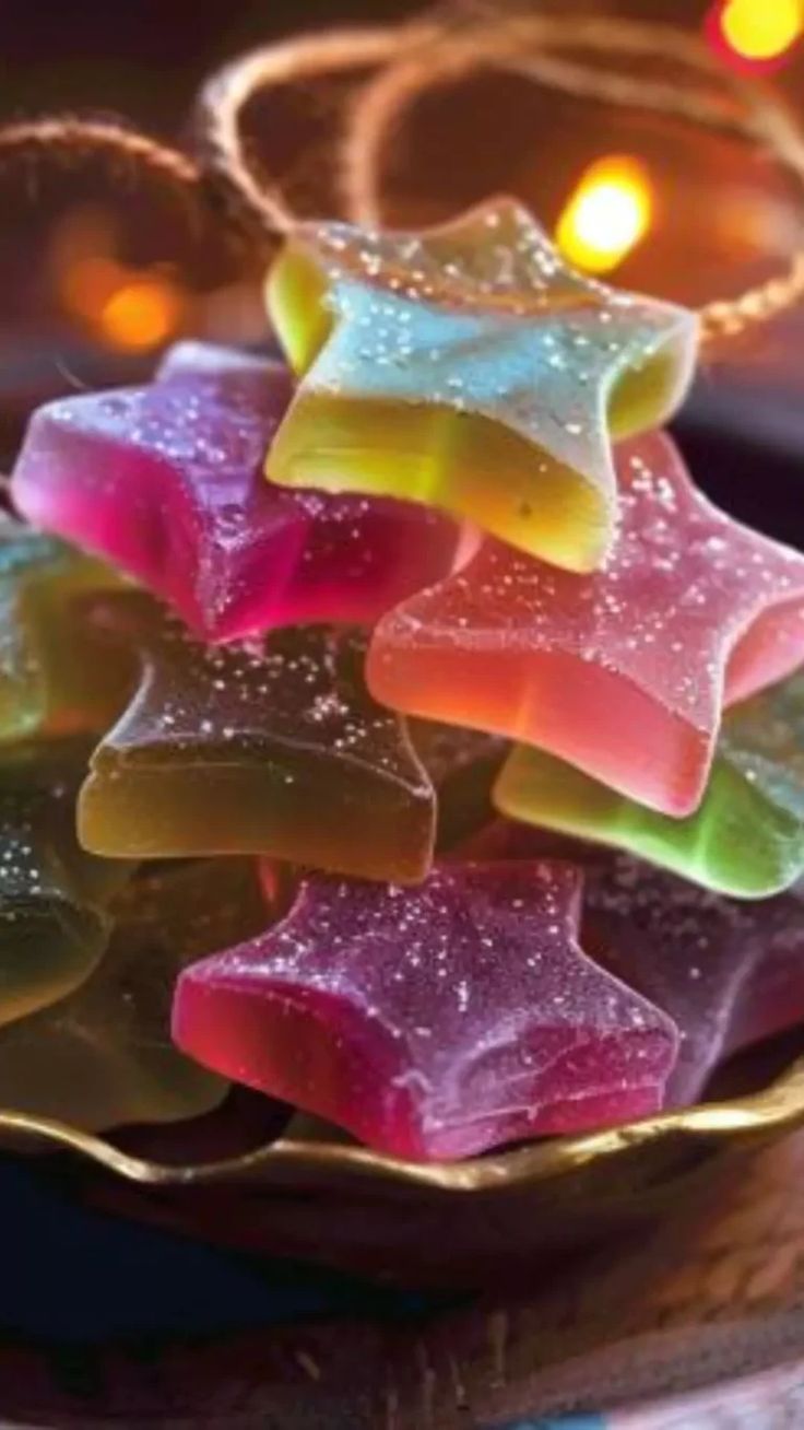 colorful star shaped candy sitting on top of a gold plate next to a lit candle