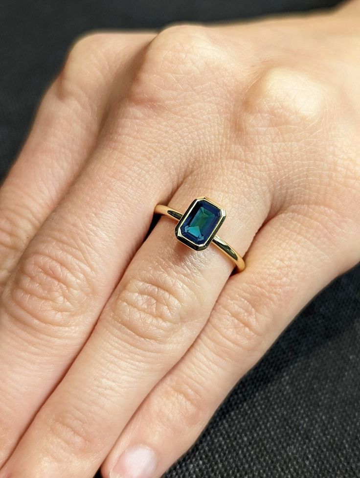 Saphire Engament Ring Bezel, Teal Gemstone Ring, Green Sapphire Bezel Ring, Bezel Set Sapphire Ring, Blue Emerald Wedding Ring, Solitaire Sapphire Ring, Blue Emerald Ring With Bezel Setting, Blue Emerald Cut Ring With Bezel Setting, Blue Emerald Cut Rings With Bezel Setting