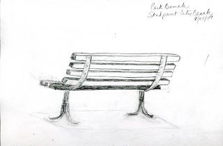 a drawing of a park bench with writing on the back and bottom part of it