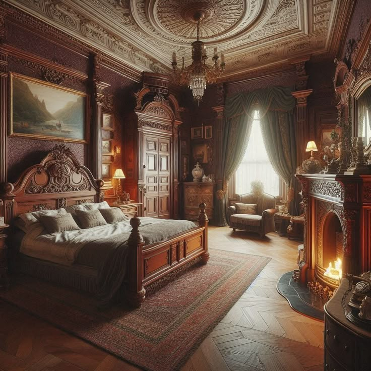 an ornate bedroom with wood paneled walls and flooring, along with a fireplace