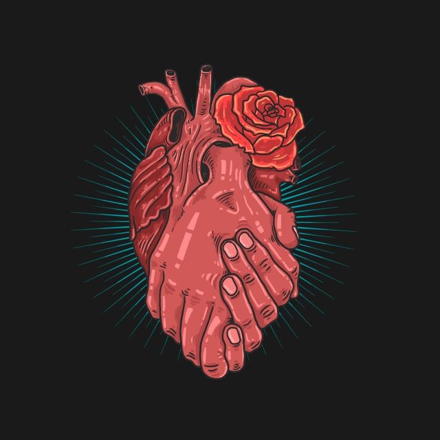 two hands holding a heart with a rose on it