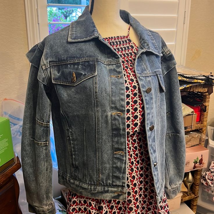 Jean Jacket Size M Blue With Beautiful Details On Sleeves And Shoulders. Nwt I Would Say It’s Large M Purchased From Our Boutique In Sunshine State. 21 Inches Arm Pit To Pit Perfect For Little Room To Layer On Top Of Your Sweater Fitted Washed Blue Outerwear With Button Closure, Fitted Long Sleeve Washed Blue Outerwear, Lightweight Denim Jacket, Rolled Jeans, Demin Jacket, Black Jean Jacket, Distressed Jean Jacket, Jean Jacket Women, Oversized Denim Jacket