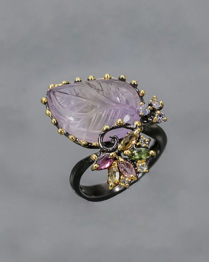 This stunning ring is made from 925 sterling silver and plated with Black Rhodium & Gold. Main stone is beatiful bi-color Ametrine in leaf shape and Tourmaline. ♥ Please note as with all natural gemstones the color and inclusions may vary slightly from the pair shown. ♥ Each order will be gift wrapped beautifully ♥ QUALITY: Each item is stamped according to US regulations. ➤ Orders of $550 and more will be qualified for free UPS International Express shipping (2-3 days). ------------ *DIMENS Exquisite Amethyst Jewelry As A Gift, Exquisite Amethyst Jewelry Gift, Exquisite Amethyst Jewelry For Gifts, Elegant Amethyst Rings With Natural Stones, Elegant Natural Amethyst Stone Ring, Elegant Open Ring With Natural Stones Jewelry, Elegant Open Ring With Natural Stones, Elegant Sterling Silver Crystal Ring With Natural Stones, Elegant Jewelry With Natural Stones In Open Ring Shape