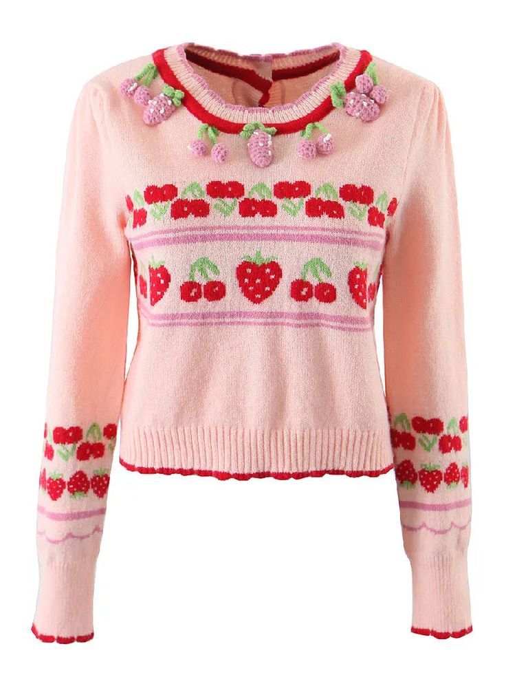 Pink Cherry & Strawberry Cropped Cardigan Spring Crew Neck Sweater With Fair Isle Pattern, Cute Knit V-neck Sweater, Spring Fair Isle Crew Neck Sweater, Cute V-neck Knit Sweater, Spring Jacquard Knit V-neck Sweater, Sweet Long Sleeve Cardigan For Fall, Sweet Long Sleeve Fall Cardigan, Spring Knit Cardigan With Fair Isle Pattern, Spring Fair Isle Knit Cardigan