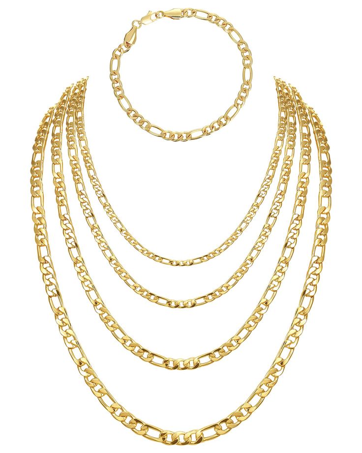 PRICES MAY VARY. Sufficient to Use: you will receive 1 piece of gold bracelet and 4 pieces of women's men's necklaces, abundant in quantity, which are sufficient for your daily use and replacement (The product contains only 5 chains of the same style in different sizes, other pendant chains worn by the model in the picture are not included) Reliable Material: the golden chains are mainly made of stainless steel material (gold plated), solid and sturdy, and you can use them for a long time withou Figaro Bracelet, Rapper Style, Men's Necklaces, Stainless Bracelet, Mens Chain Necklace, Bracelet For Men, Gold Bracelet Chain, Jewelry Bracelet, Gold Plated Chains