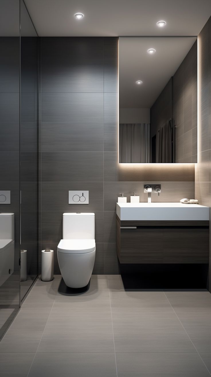 a bathroom with a toilet, sink and mirror on the wall next to each other