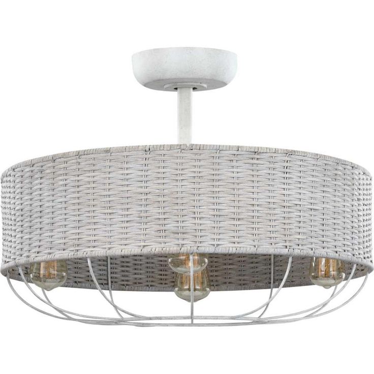 a white chandelier with three lights hanging from it's ceiling fixture and wicker shades