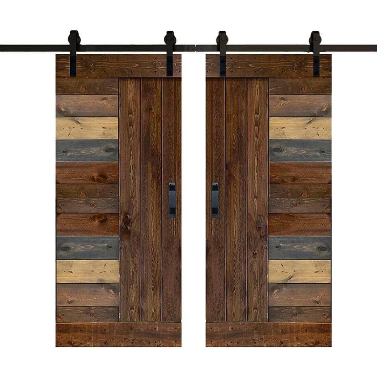 two wooden doors with metal handles on each side and wood planks on the outside