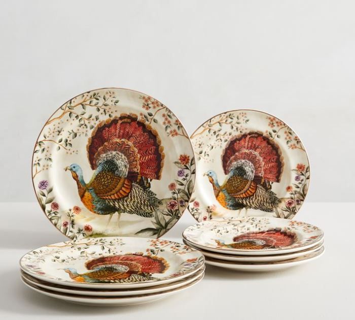 three plates with turkeys on them sitting next to each other in front of a white background