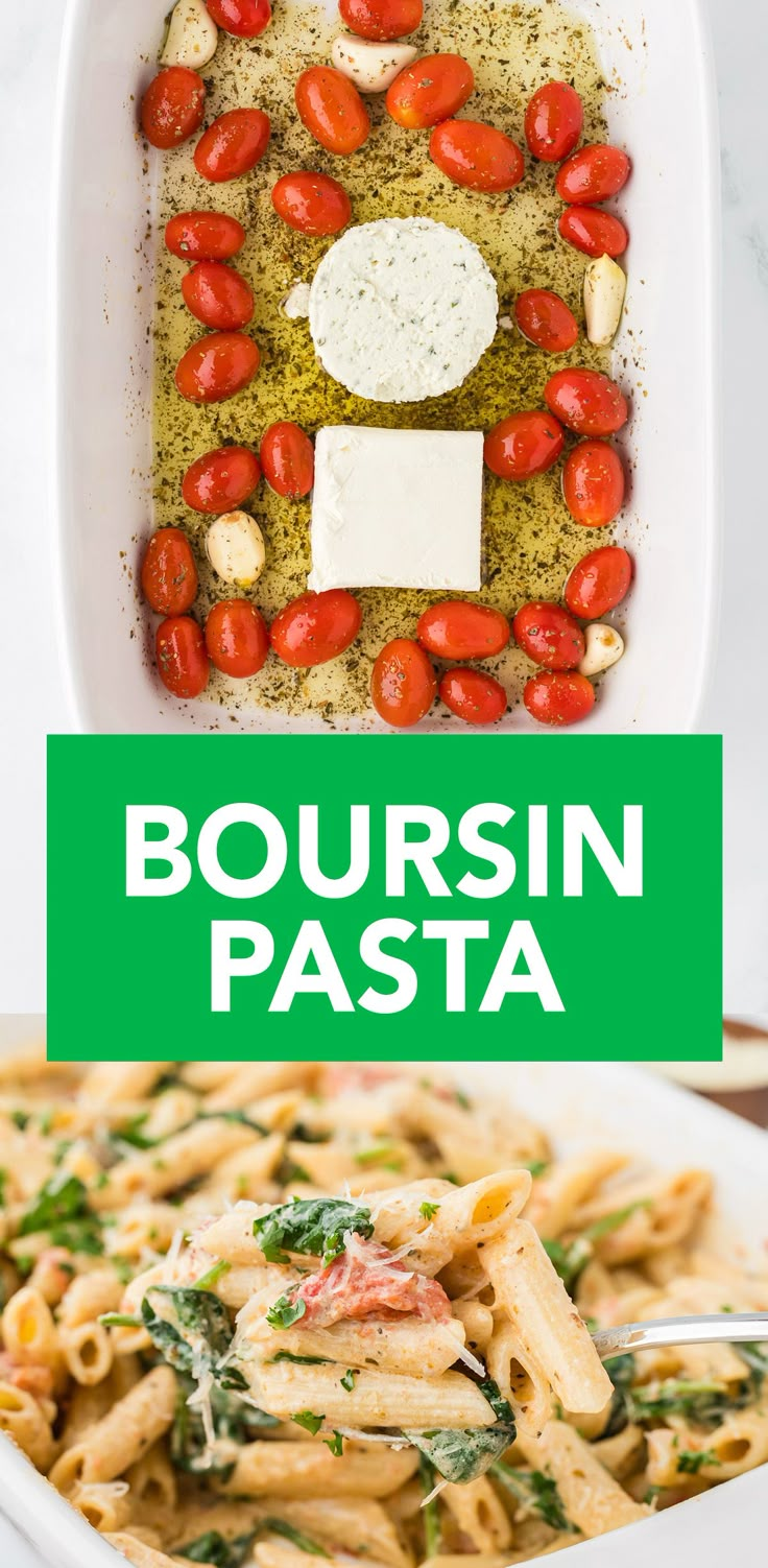 this is an image of boursin pasta with tomatoes and mozzarella