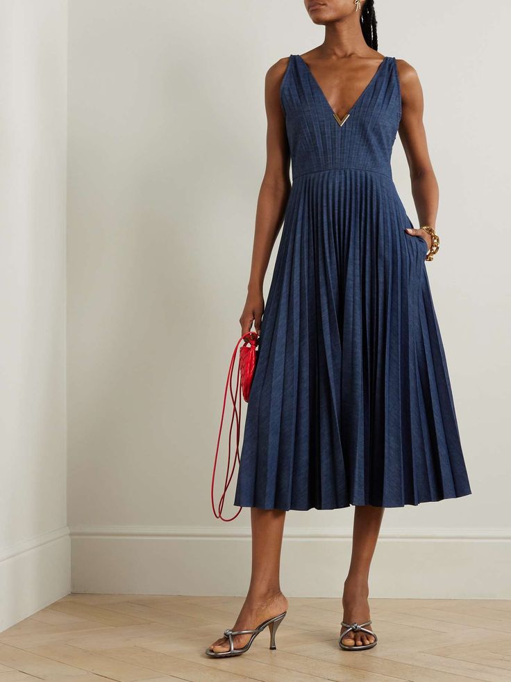 VALENTINO GARAVANI Embellished plissé-denim midi dress | NET-A-PORTER Denim Midi Dress, Knitwear Tops, Pleated Midi Skirt, Red Valentino, Clothes Collection, Jeans Dress, Net A Porter, Valentino Garavani, Women Collection