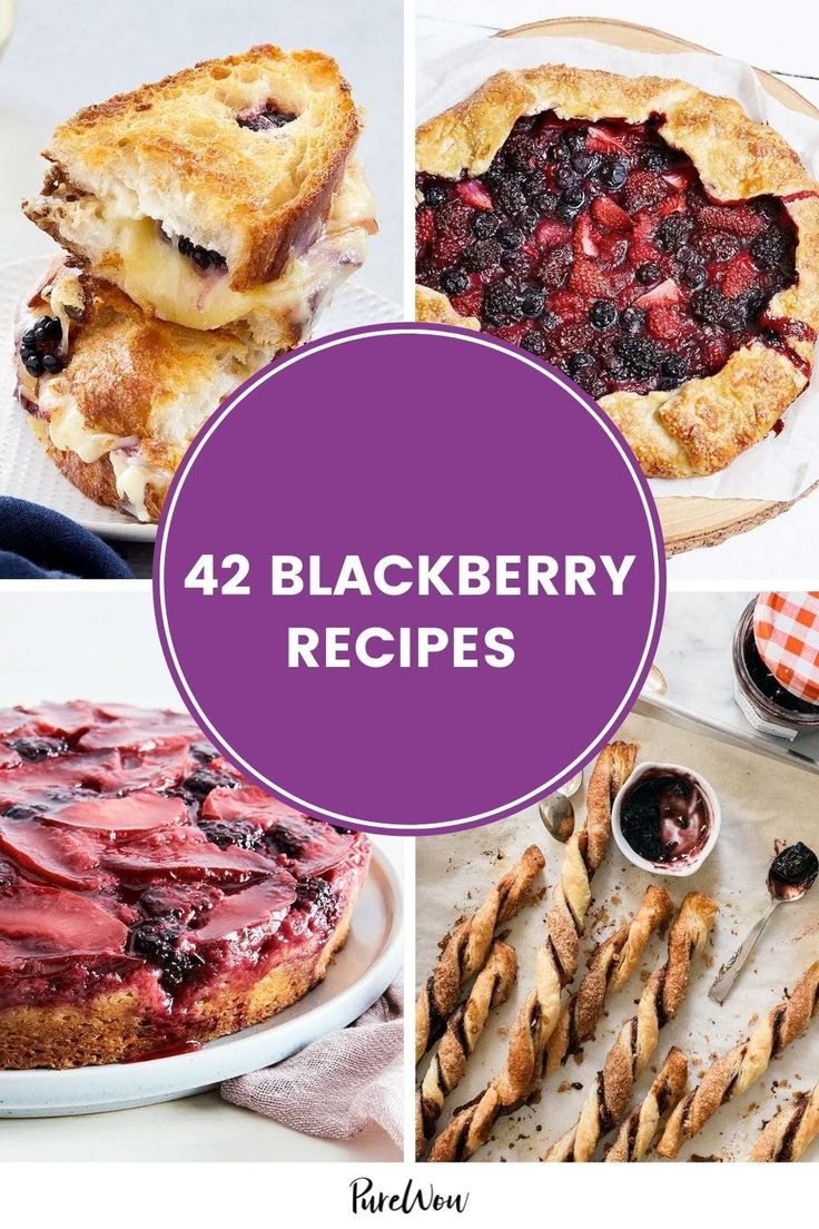 four different desserts and pies with the words 42 blackberry recipes in purple overlay