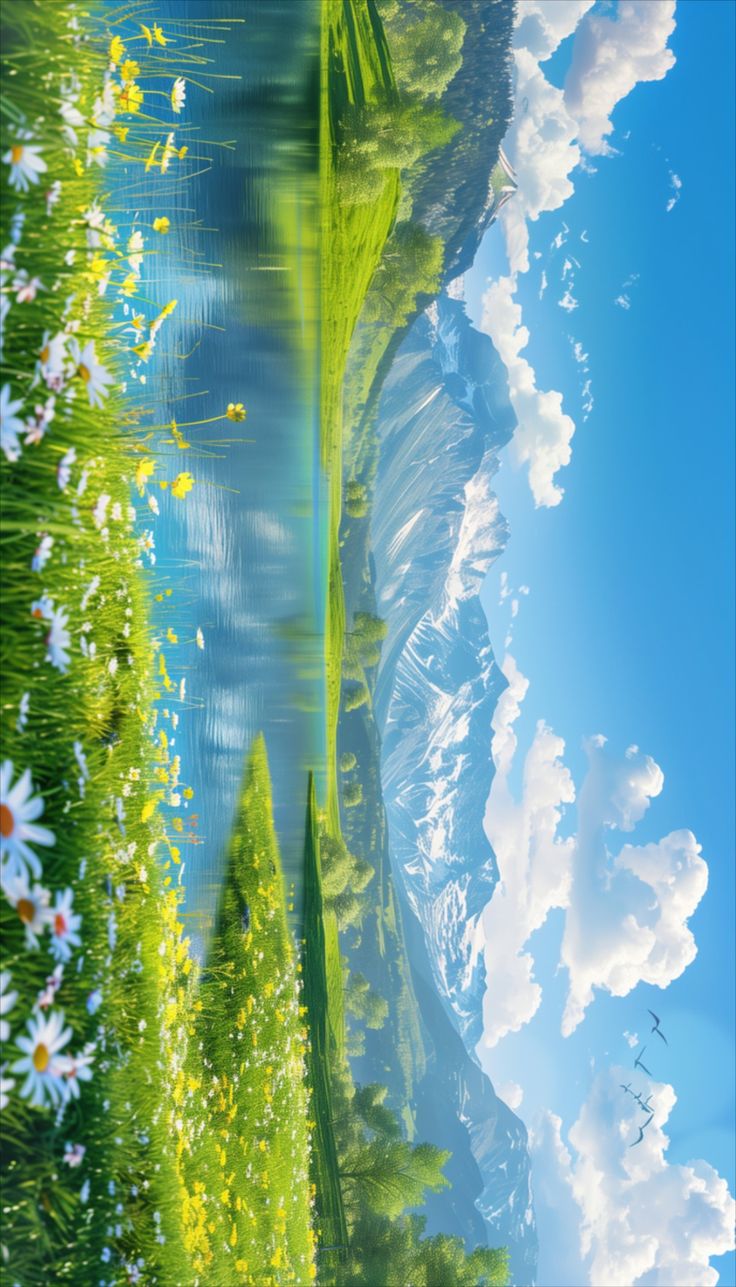 an image of the sky and water with flowers in it