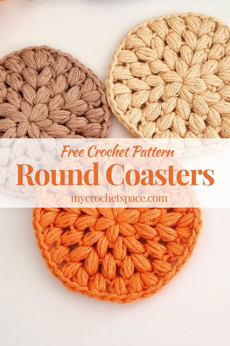 three crochet coasters with text overlay reading free crochet pattern round coasters