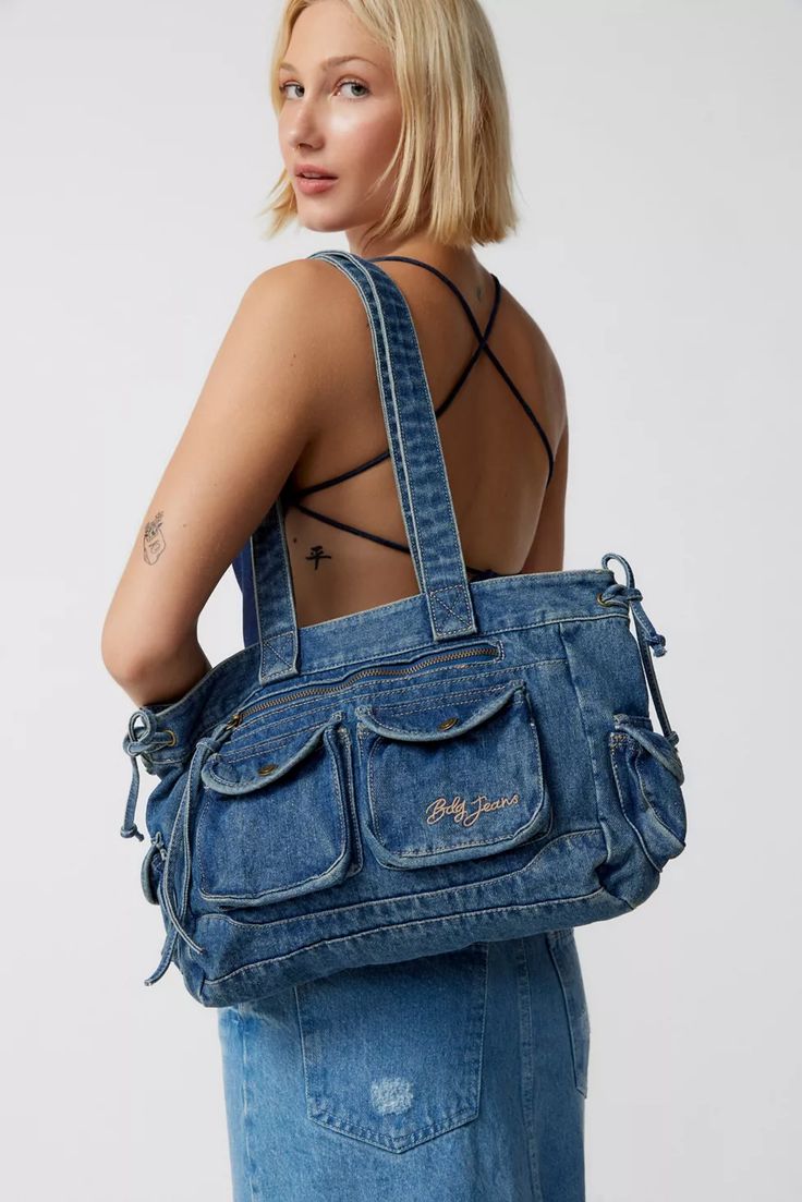 BDG Y2K Denim Tote Bag | Urban Outfitters Australia Clothes, Diy Clothes Design, Denim Purse, Denim Shoulder Bags, Y2k Denim, All Jeans, Carryall Tote, Denim Tote Bags, Denim Crafts