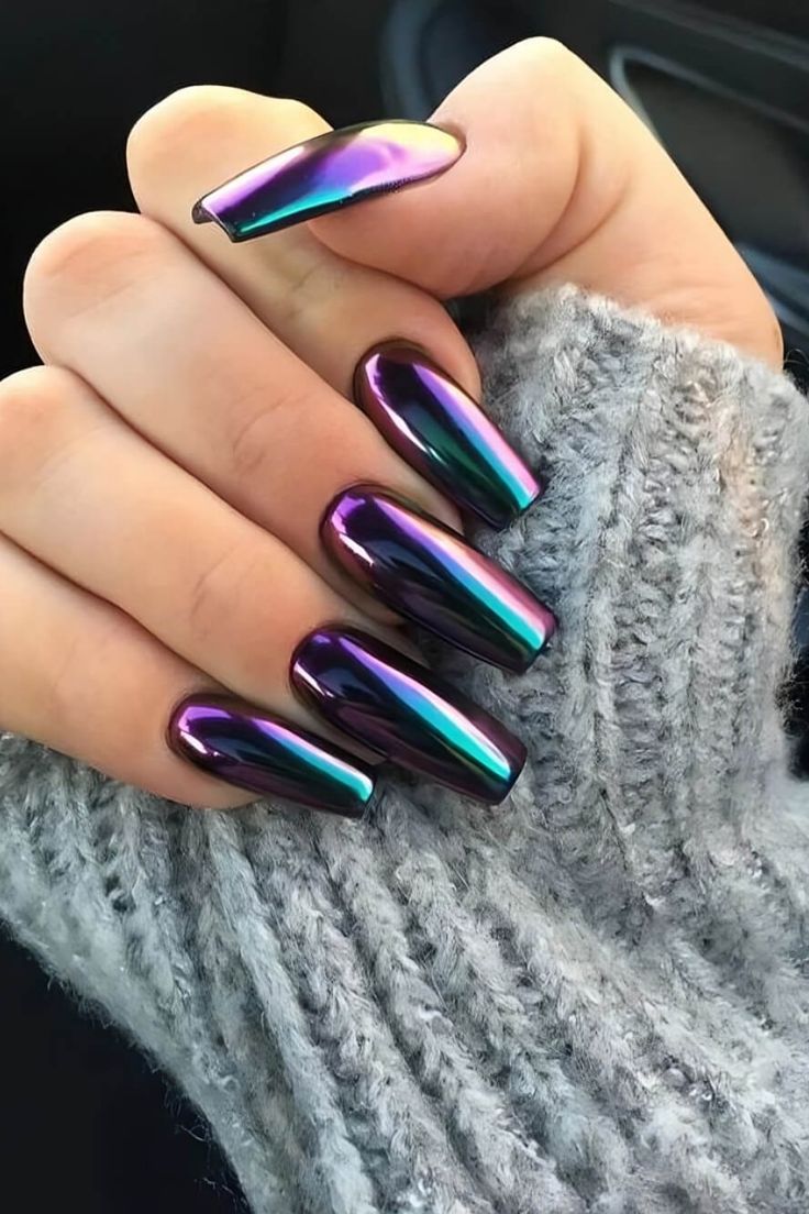 27 Breathtaking Chrome Nails For Your Special Night Purple Chrome Nails, Chrome Nails Designs, Galaxy Nails, Her Nails, Metallic Nails, Nailed It, Coffin Nails Designs, Fancy Nails, Dope Nails