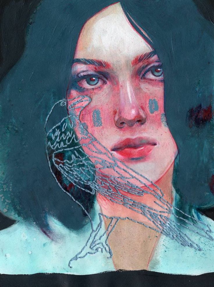 a painting of a woman's face with blue hair and tattoos on her chest