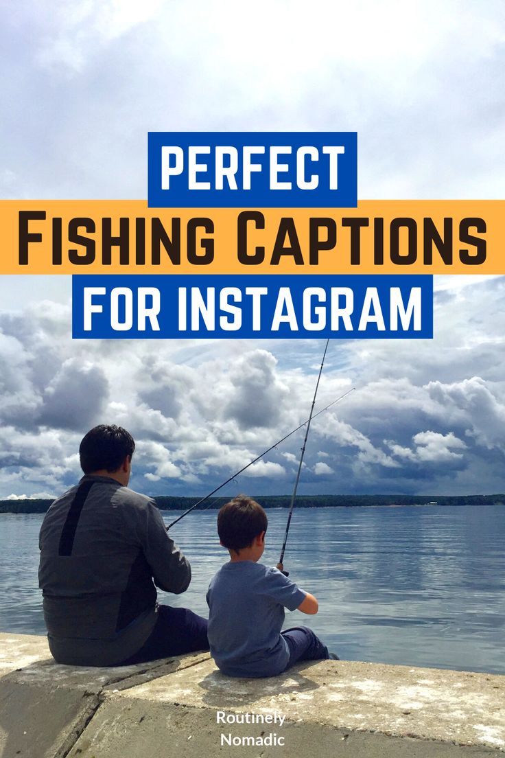 two boys fishing on the edge of a pier with text overlay that reads perfect fishing captions for instagram