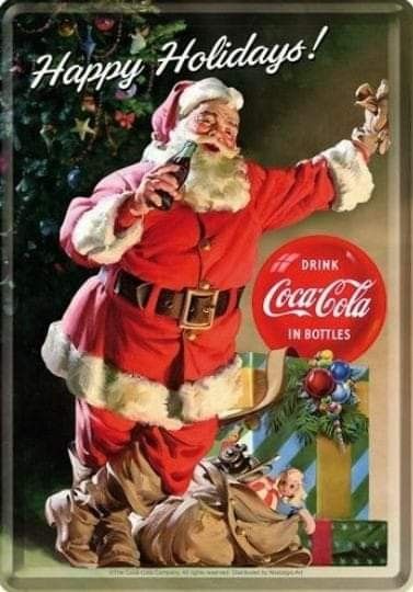 a vintage coca - cola ad featuring santa clause holding a candy cane and pointing to the side