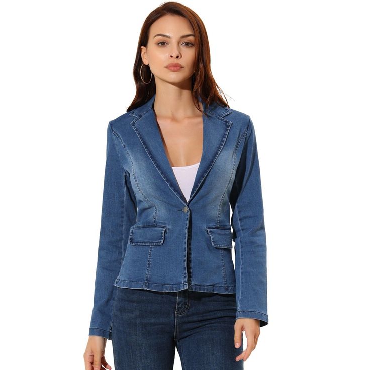 Designed with a notch lapel collar and princess line, this ageless style is the perfect insert to your workwear collection.Classic yet utilitarian style defines this button-front jacket made from washed denim with just a hint of stretch.The denim blazer has a timeless wash and button front.Pair with the matching pants for a complete look! Size: medium. Color: mid blue. Gender: female. Age Group: adult. Pattern: Solid. Material: Cotton. Denim Blazer Jacket, Cropped Biker Jacket, Long Denim Jacket, Princess Line, Stretch Denim Fabric, Button Long Sleeve, Jean Jacket Women, Denim Blazer, Blazer Mid