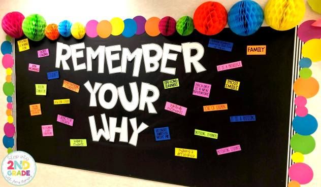 a bulletin board with the words remember your why written on it and colorful paper balls