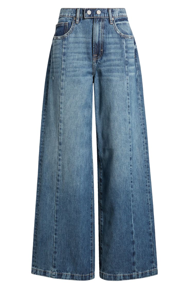 Moto-inspired seams spotlight the superhigh waist and superwide legs of these trendy jeans made from nonstretch denim. 33" inseam; 12 1/2" front rise Zip fly with two-button closure Five-pocket style 100% cotton Machine wash, tumble dry Imported Women’s Loose Jeans, High Quality Jeans, Cool Jeans Aesthetic, Wide Cut Jeans, Tall Women Jeans, Fall 2024 Jean Trends, Jeans Outfit Women Winter, Vintage Jeans Aesthetic, Thrift Style Outfits