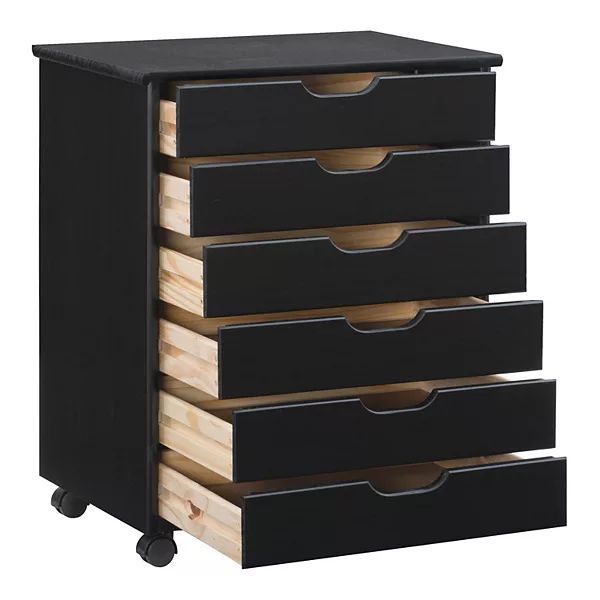 four drawers are stacked on top of each other with black handles and wooden sides,