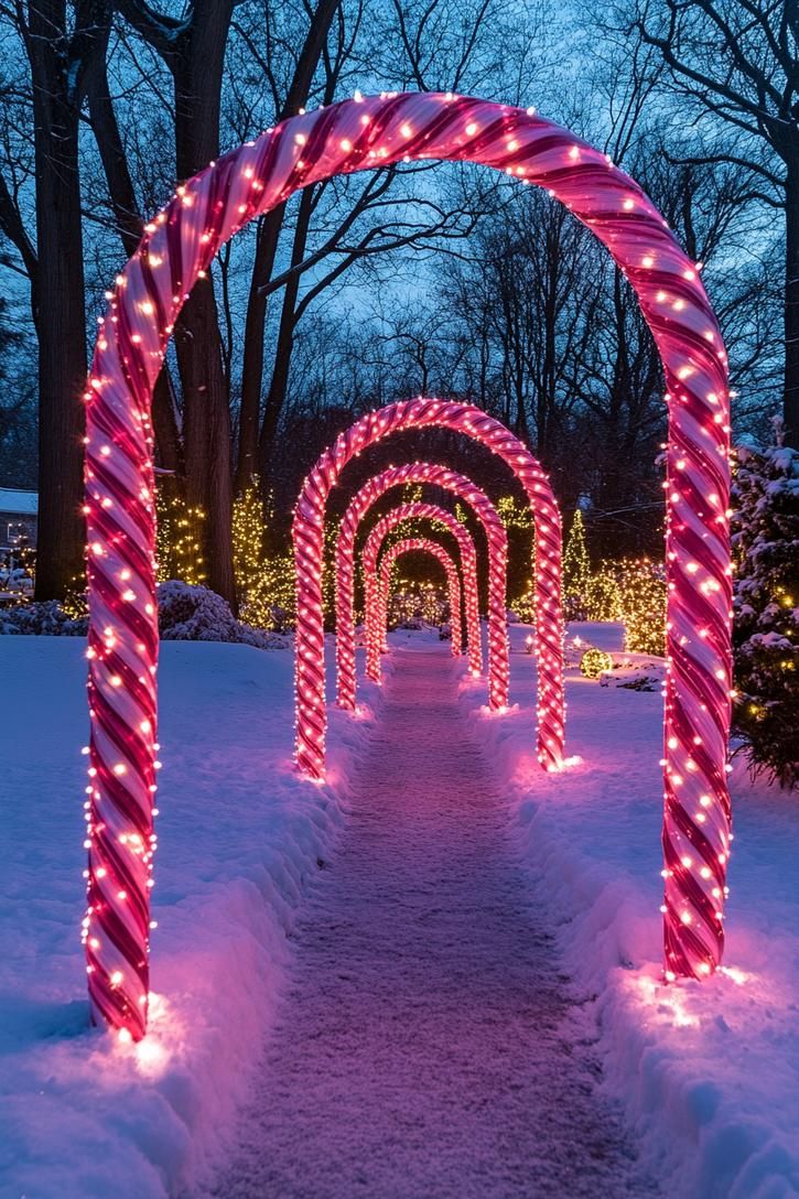 15 Stunning Christmas House Lights Ideas You’ll Love Outdoor Christmas Village Display, Ideas For Christmas Lights Outside, Christmas Light Driveway Arch, Sidewalk Christmas Lights, Lighted Walkway Wedding, Christmas Lights House Ideas, Northpole Christmas Decorations Outdoor, Christmas Home Exterior Decorating Ideas, Diy Christmas Driveway Decorations