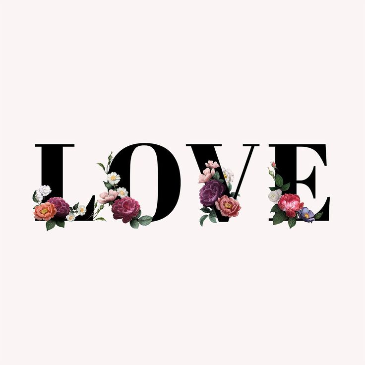 the word love is made up of flowers and leaves on a white background with black letters