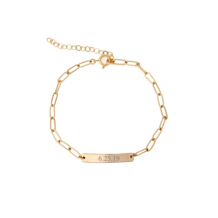 Our personalized paperclip ID bar bracelet is available in 14k gold filled or sterling silver. Engrave it with a name, special date or initials. We love the minimalist look and dainty vibe. The sturdy paperclip chain is perfect for everyday wear. Adjustable and easy to find the perfect fit with the built-in extender. Can be worn 6 to 8 inches long. (custom sizes available too, just ask!) 100% gold filled or sterling silver, so this sweet piece won't tarnish or turn. Wear it 24/7!DETAILS: 14kt go Bar Measurements, Deer Jewelry, Bar Bracelet, Id Bracelets, Bar Bracelets, 14kt Gold, Paper Clip, Silver Bracelets, Gold Filled