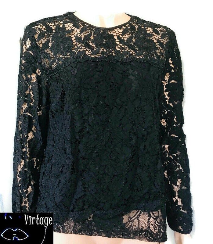 Blouse lace black long sleeve size 12 double layered  keyhole back  measurements Bust 52cmx2 Lenght 63cm Sleeve 64cm Blue Winter Coat, Lace Blouse Long Sleeve, Blouse Lace, Lace Set, Top Skirt Set, Black Long Sleeve Shirt, Hippie Dresses, Black Lace Tops, Sleeveless Jacket