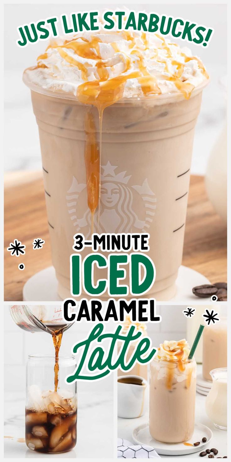 starbucks iced caramel latte is being poured into a cup with the words just like starbucks