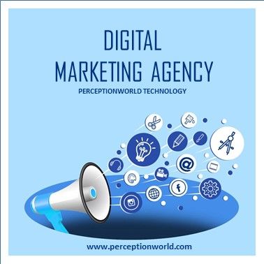 a blue poster with the words digital marketing agency on it and icons coming out of it