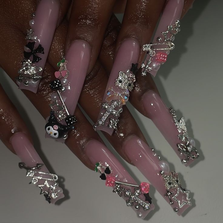 Junk nails ⭐️🖤💖 . #junknails #longnails #almondnails #bombnails #cutenails #nails #nailstyle #squarenails #pinkfrenchnails #nailinspo #hellokittynails #valentinobeautypure #lanails #nailtech #nailart #whitenails #ombrenails #airbrushnails #glitternails #pinknails #chromenails Long Nail Designs With Charms, Rhinestone Junk Nails, Long Nail Design Ideas, Long Junk Nails With Charms, Nails With Piercing Charms, Junk Nails Long, Long Charm Nails, Junk Nails Bling Medium, Xxxl Nails Designs