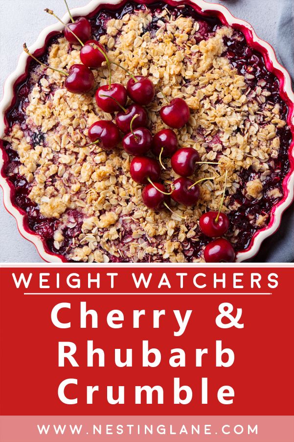 cherry and rhubar crumble dessert with text overlay reading weight watchers cherry & rhubar crumble